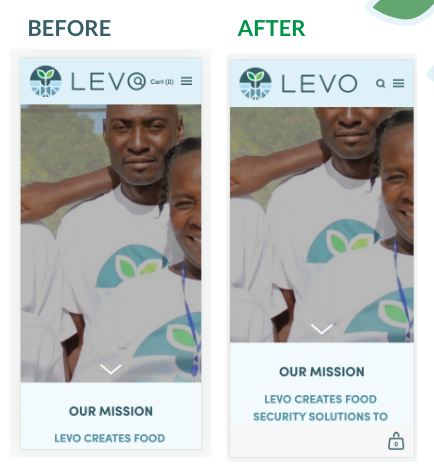 Before and after of the levo header on the mobile version